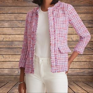 Ann Taylor Fringe Tweed Peplum Jacket Blue Multi